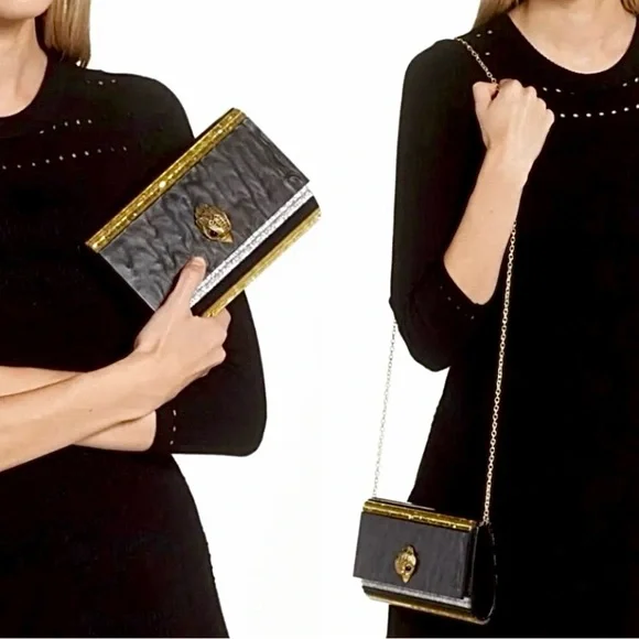 KURT GEIGER NWT BLACK MOTHER OF PEARL  glitter Party clutch on chain black - Picture 2 of 15